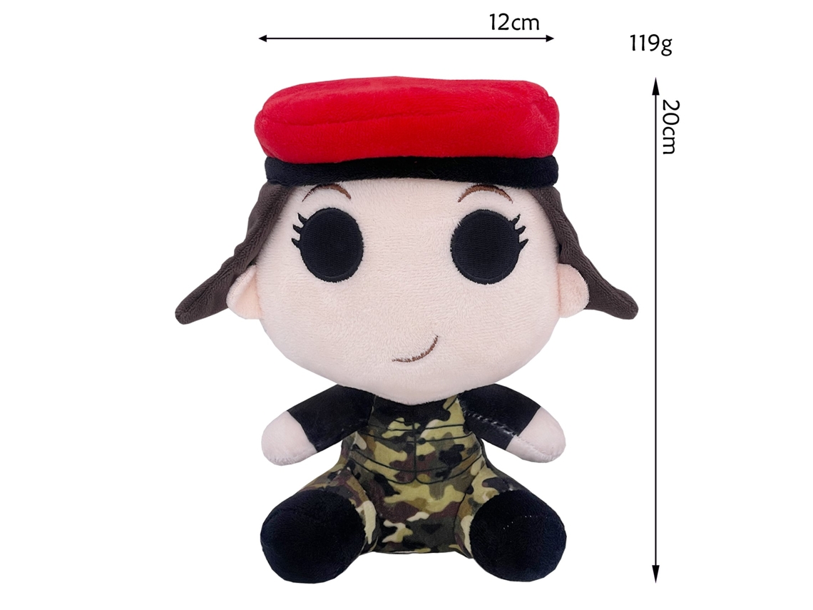 Peluche De Demogorgon Stranger Things En Pose Sentada Con Sombrero Rojo Y Traje Camuflaje.