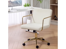 Silla de oficina con ruedas con detalles dorados, base de metal y asiento de tela con textura aterciopelada en color blanco crema.