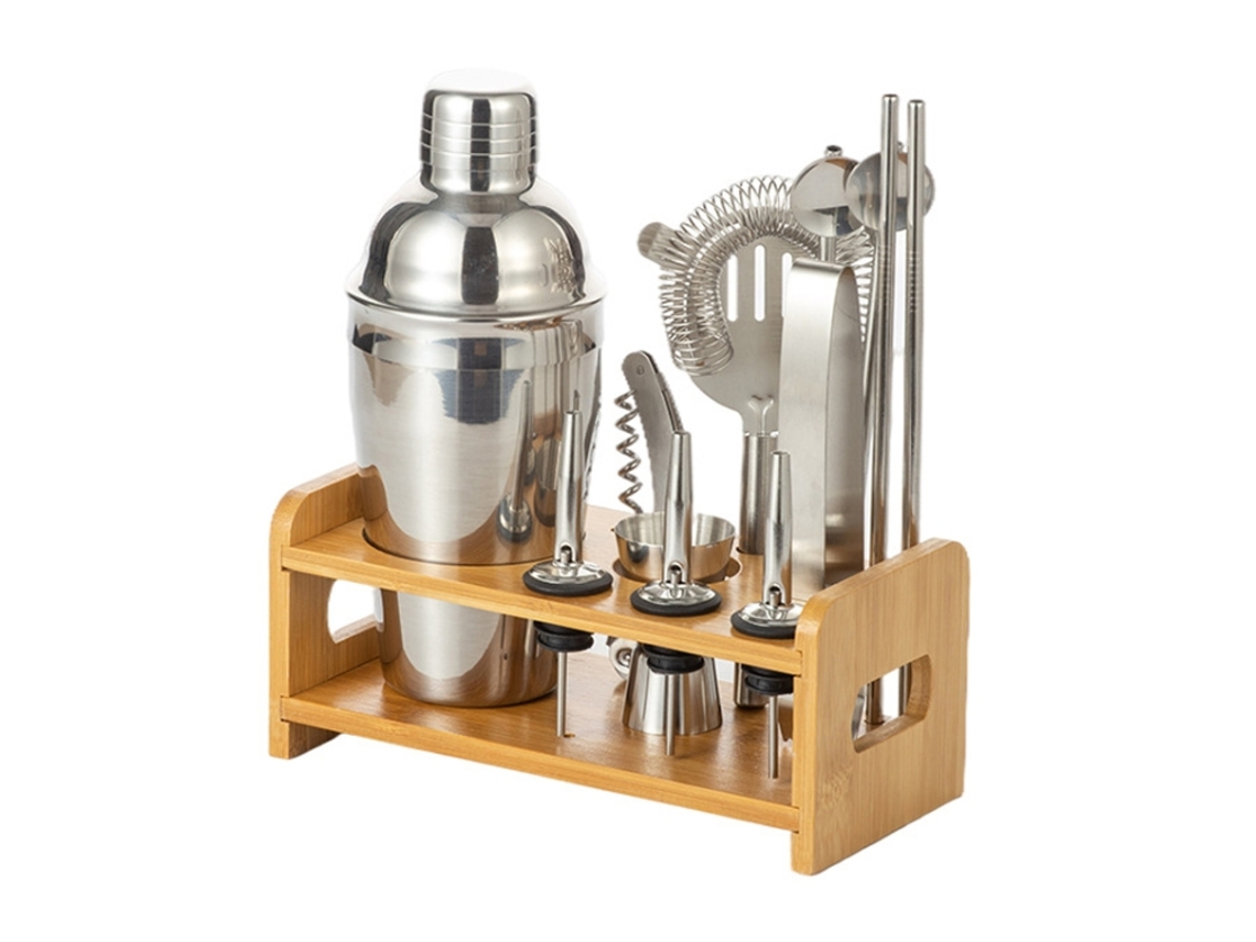 Juego de 12 utensilios de barman de acero inoxidable con soporte de madera, 350 ml ZRUXE