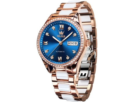 VEANXIN Reloj luminoso impermeable con fase lunar Tourbillon de diamantes automático para mujer(azul)