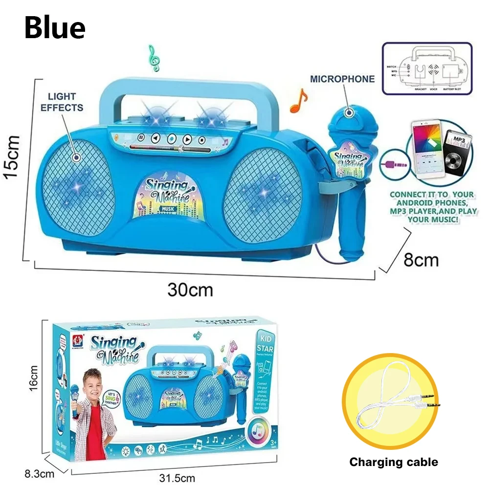 Máquina de karaoke eléctrica portátil con micrófono, luces e instrumentos infantiles. MDUG (azul)