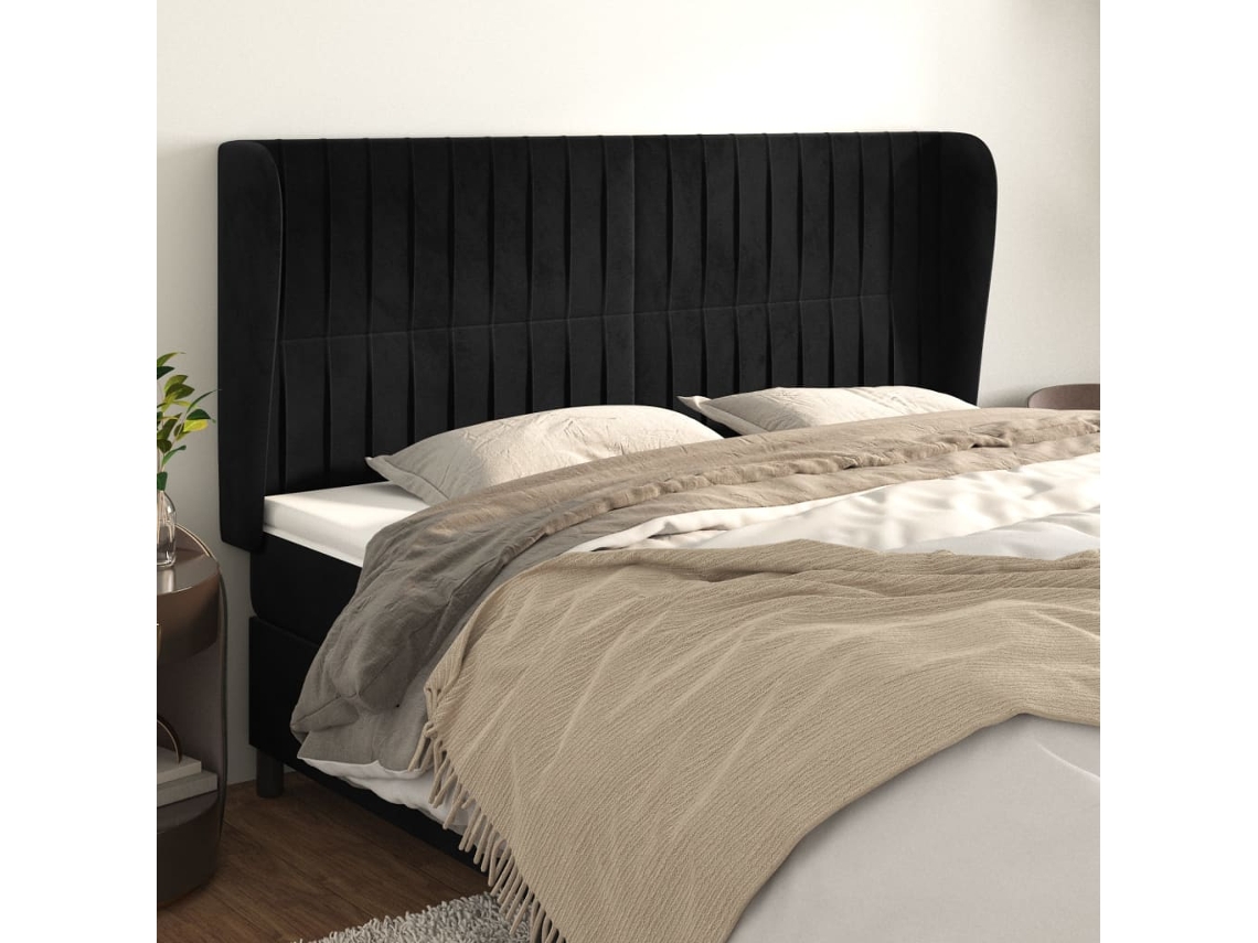 Cabecero Con Orejas De Terciopelo Negro 203x23x118/128 Cm