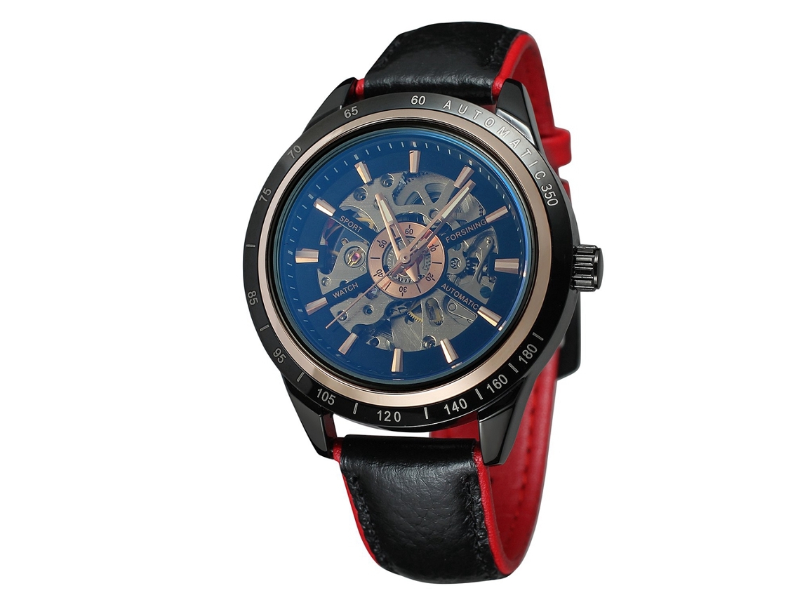 Reloj Automático Forsining Para Hombre Con Correa De Cuero Y Esfera Calada - Negro Y Rojo