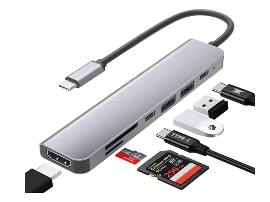 7 en 1 USB C Hub Splitter Docking Station Dongle Dual USB 3.0 Multi Port Adapter, HDMI 4k 60Hz Type C Data Port, SD/TF Card Reader (Rojo) CHRONUS