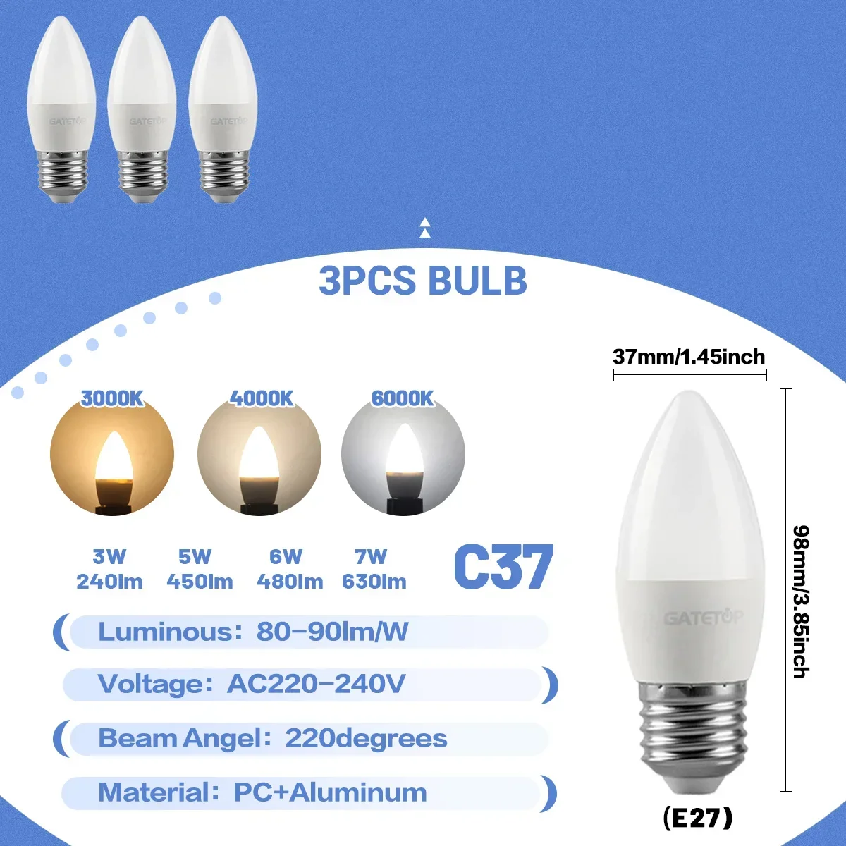 (3 Bombillas Led Tipo Vela, Luz Natural De 4000k) Casquillo E27, Apto Para Iluminación Doméstica.
