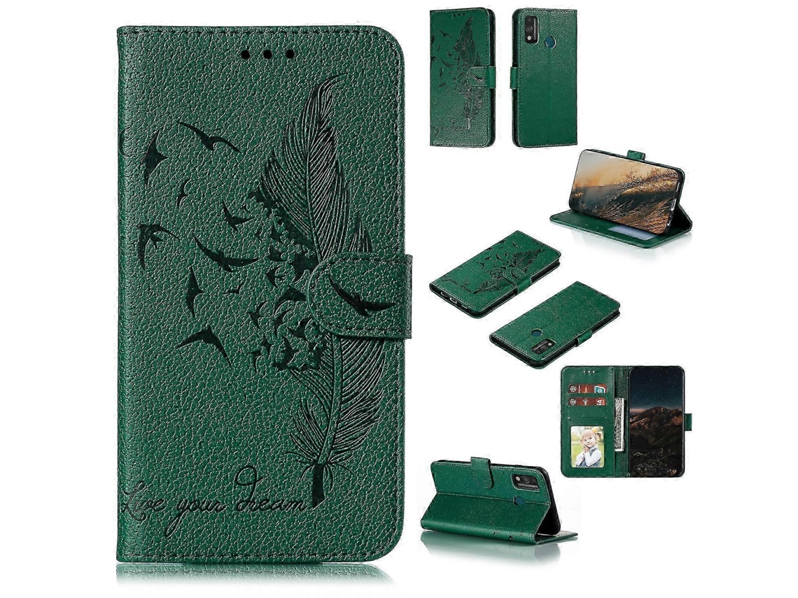 Green26-27 Feather Pattern Litchi Texture Horizontal Flip Leather Case With Wallet Holder Card Slots For Huawei Honor 9x Lite
