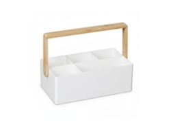 Relaxdays Organizador Escritorio Con Asa De Bambú, 4 Espacios, Portátil, Caja Organización, 8,5x26x16 Cm, Blanco