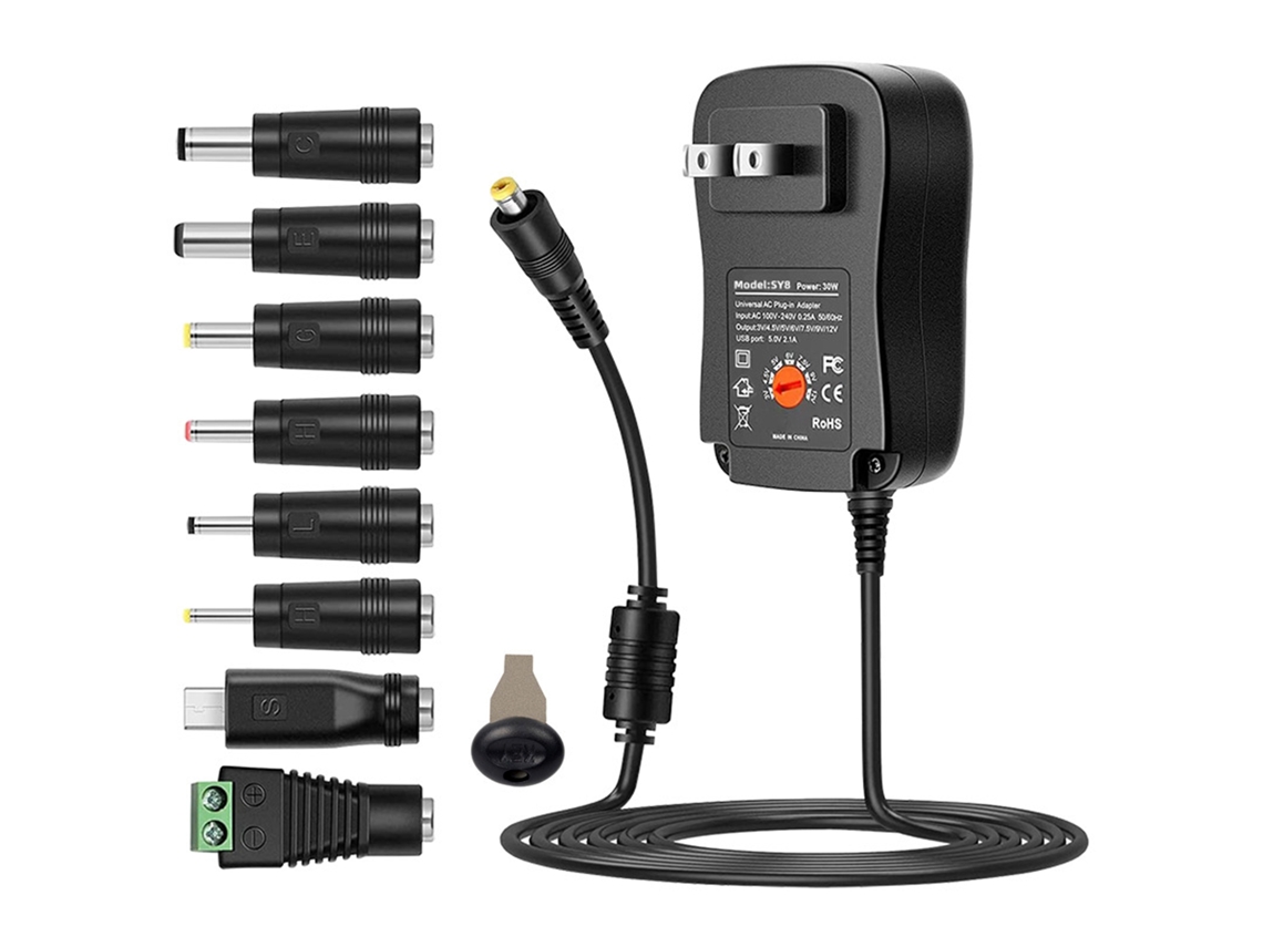 Adaptador Universal De Ca A Cc De 30 W Con Puerto Usb De 5 V Y 2,1 A, Voltaje Ajustable De 3 A 12 V Y 8 Sondas De Cc.