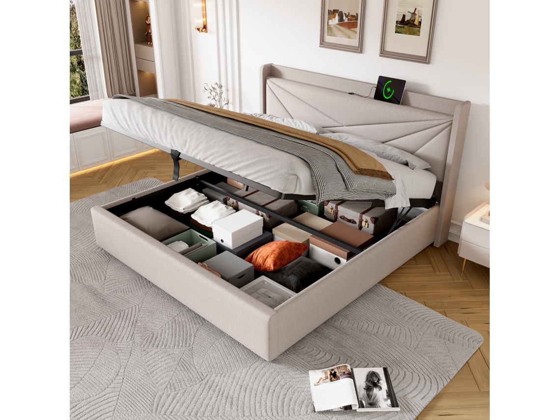 Cama De Casal 180x200 Cm Com Comoda, Entradas Usb Y Tipo-c, Estrado De Ripas, Tecido De Lino, Colchão Não Incluso.