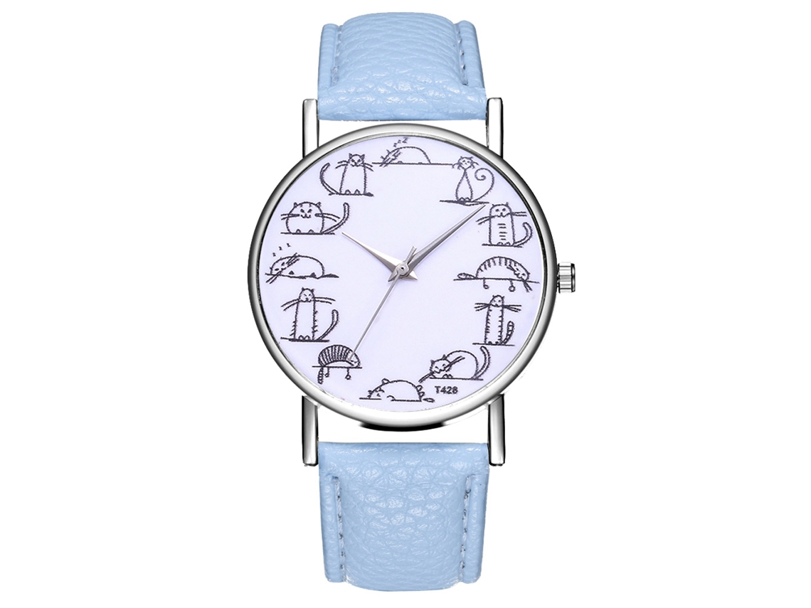 Reloj De Pulsera De Moda Para Mujer Con Correa De Piel Azul Claro Con Estampado Animal.