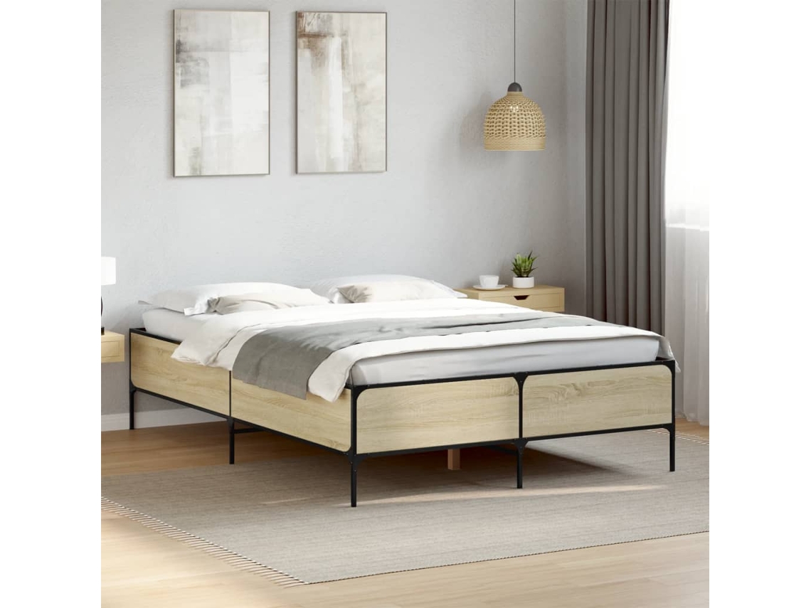 Estructura Cama Madera Ingeniería Metal Roble Sonoma 120x190 Cm