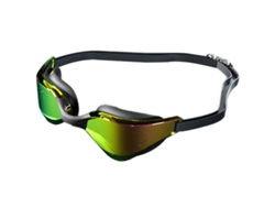 Gafas de natación coloridas para adultos y niños con lentes antivaho y anti-UV en negro y oro puro.