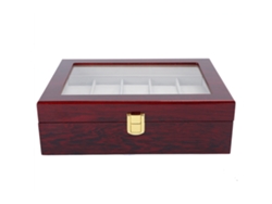 Caja De Madera Para Exhibir Y Guardar Relojes, Con 10 Compartimentos Y Ventana Transparente Roja.