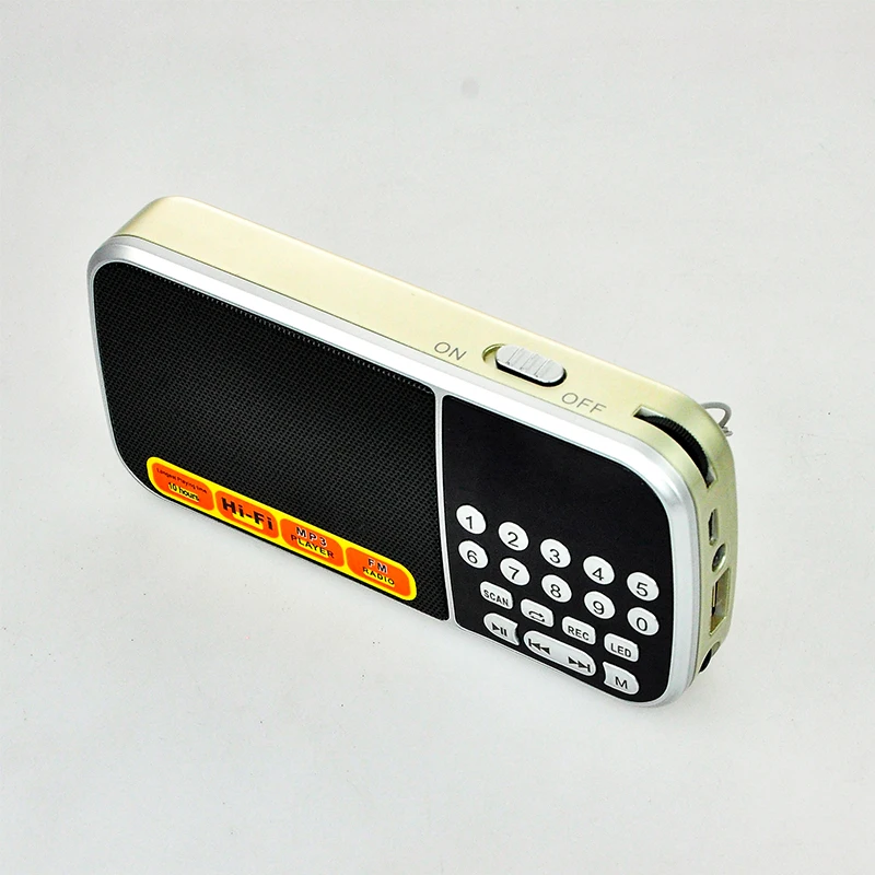(Oro) Radio FM con graves potentes, multifuncional, equipada con una batería recargable de 1200 mAh.