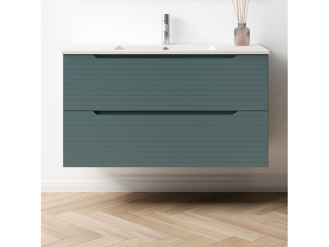 Mueble de baño con Lavabo BOREAL 100x45 cm acabado Azul Oceano mate 2 cajones suspendido