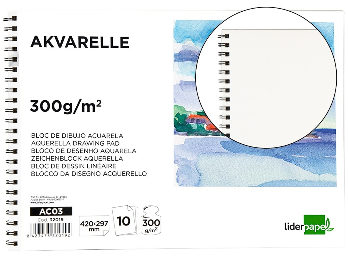 Bloc dibujo LIDERPAPEL acuarela espiral 297x420mm 10 hojas 300g/m2 sin recuadro