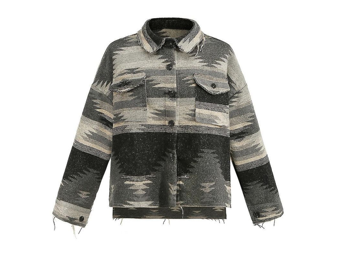 2026-camisa Chaqueta Vintage Para Mujer Manga Larga Botones Cuello Lapel Suelta Estampado Geométrico Xl Negro