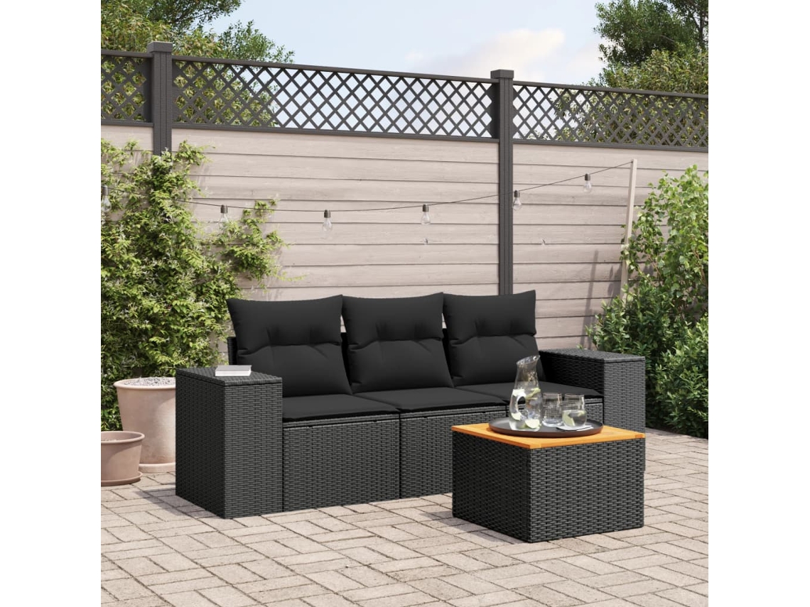 Conjunto de sofá de jardín de 4 piezas con cojines, mimbre sintético negro, Dkd Home Decor