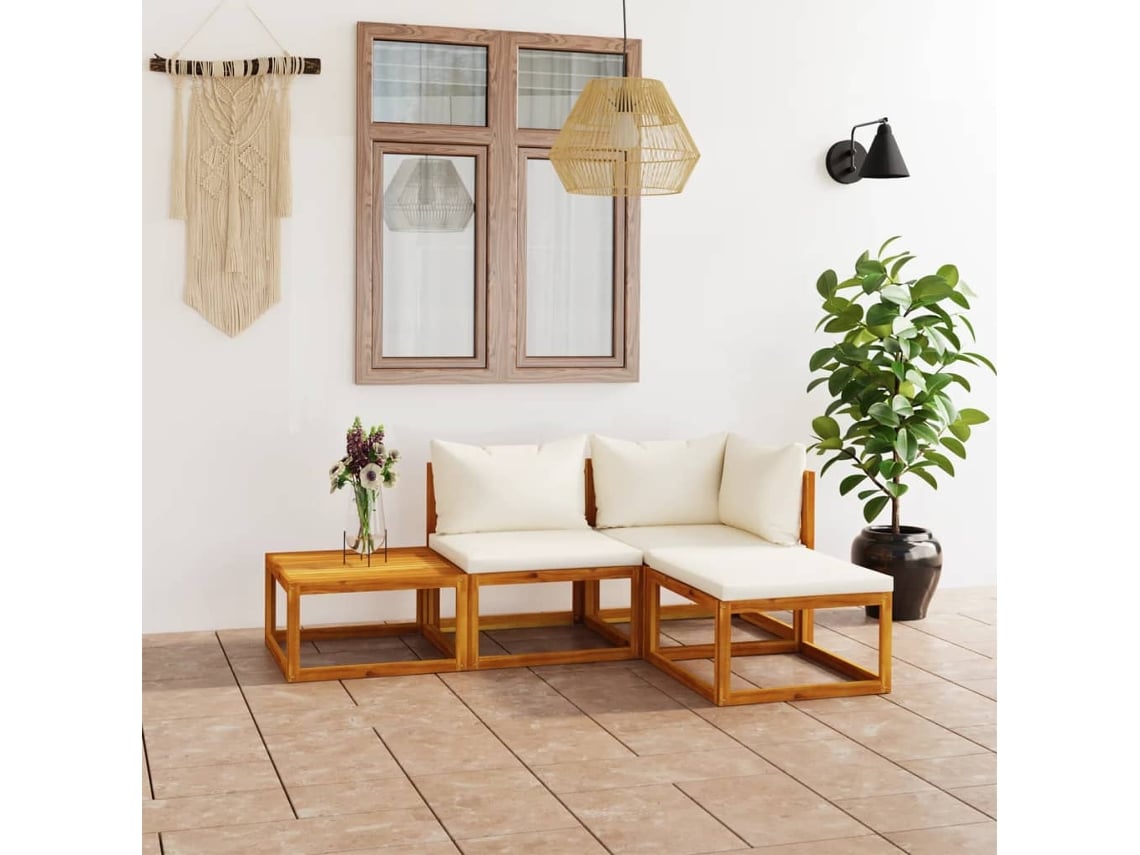 Conjunto de jardín de 4 piezas con cojines, acacia maciza y crema, DKD Home Decor