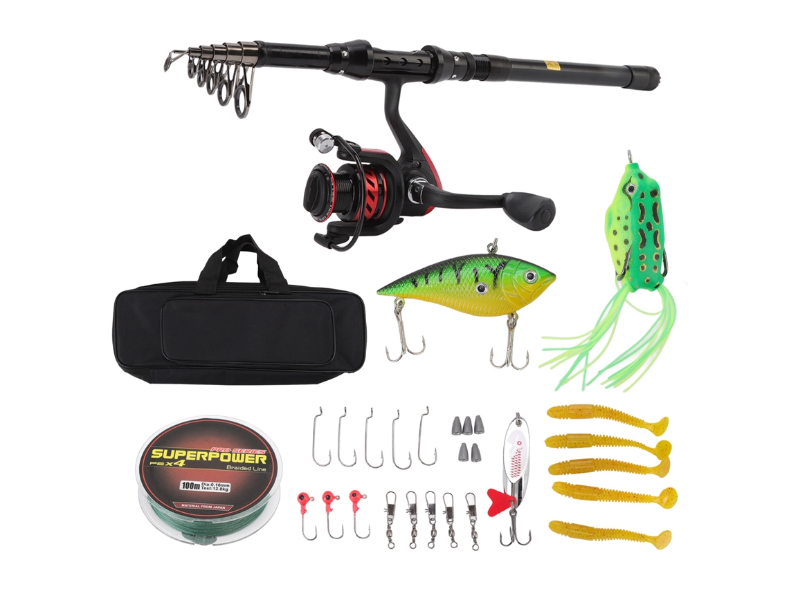 Kit de caña de pescar telescópica Mali Black Carbon con carrete, línea, señuelos y anzuelos para pesca en agua dulce y salada.