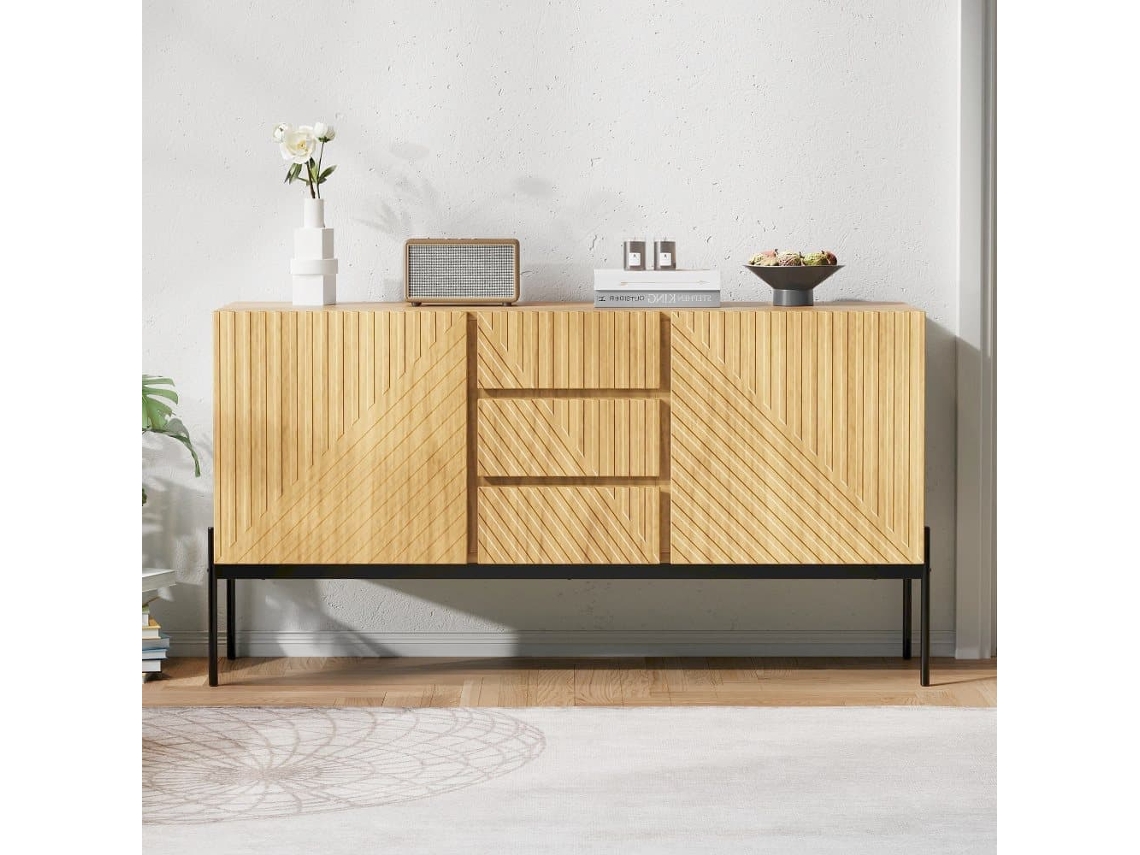 Aparador 140x40x75 Cm - 2 Puertas, 3 Cajones, Diseño Líneas - Natural