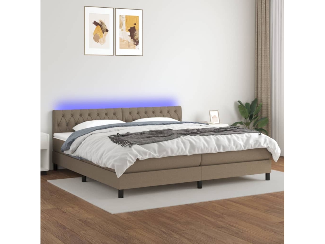 Cama Box Spring Colchón Y Luces Led Tela Gris Taupe 200x200 Cm