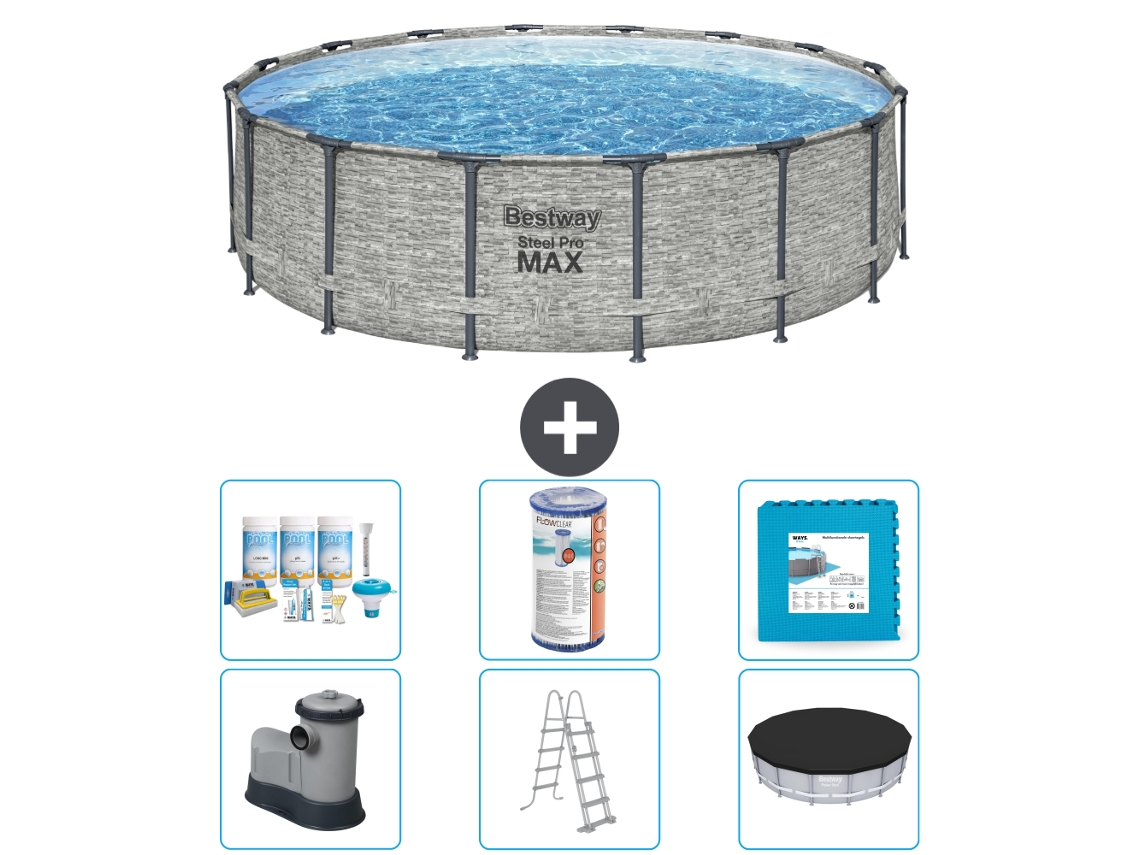 Piscina BESTWAY Round Steel Pro MAX - Estampado Piedra - 488 x 122 cm - Incluida Bomba - Escalera - Cobertor Accesorios CB30