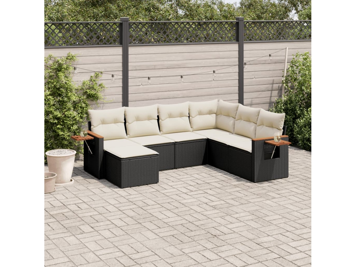 Conjunto de sofá de jardín de 7 piezas con cojines, ratán negro, Dkd Home Decor