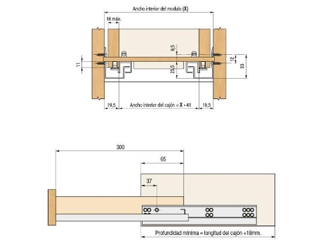 Guia oculta metropush extracción parcial 300mm zincado largo guia largo 400mm