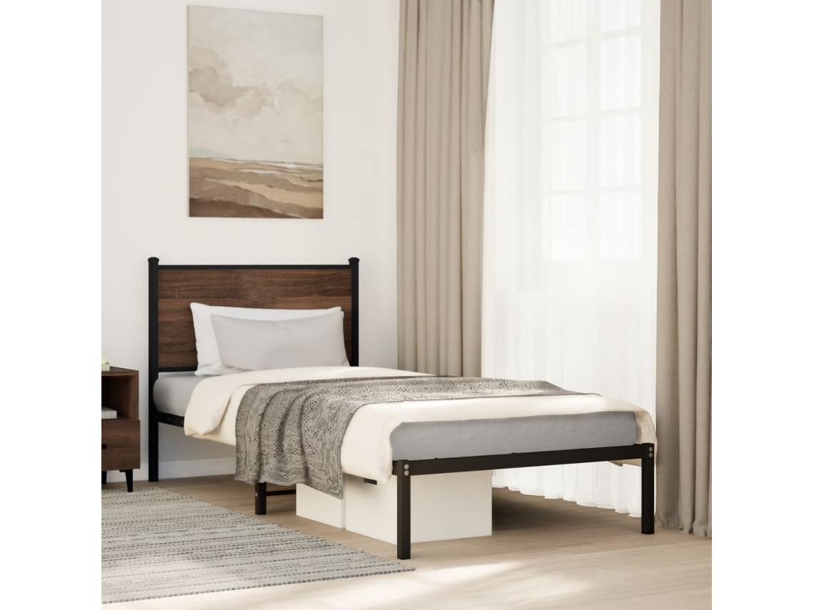Estructura De Cama Sin Colchón Metal Marrón Roble 90x190 Cm