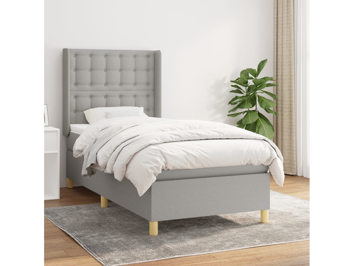 Cama box spring con colchón tela gris claro 90x200 cm