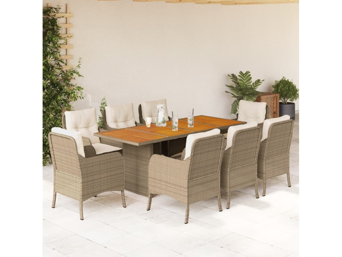 Juego de comedor de jardín de 9 piezas con cojines, mimbre sintético beige, DKD Home Decor
