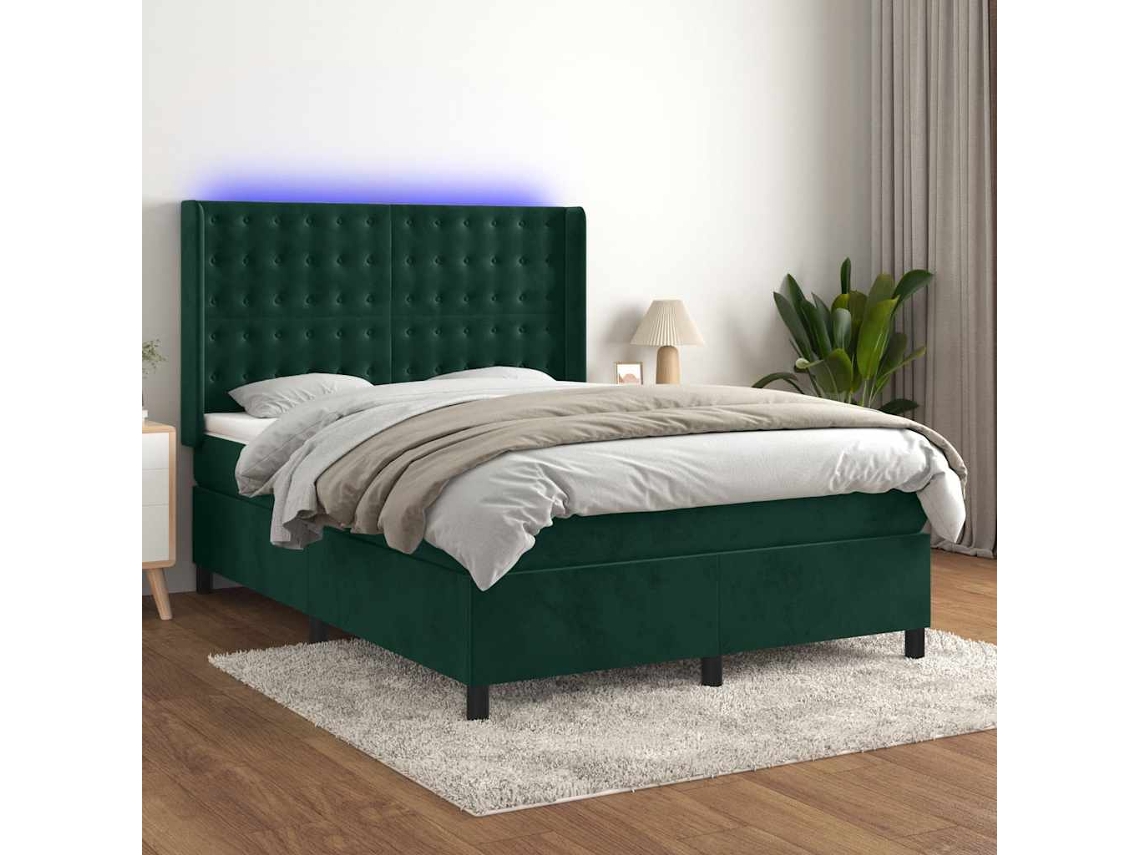 Syfax™ Cama Box Spring Colchón Y Led Terciopelo Verde Oscuro 140x190cm