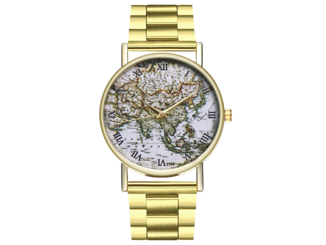 Reloj De Pulsera Unisex Zhoulianfa De Acero Inoxidable Con Diseño De Mapa Mundial, Estilo Cuarzo, Casual.