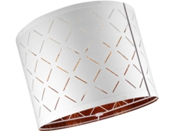 Lámpara de mesa pequeña y ligera, de tela blanca, con forma geométrica semicircular irregular.