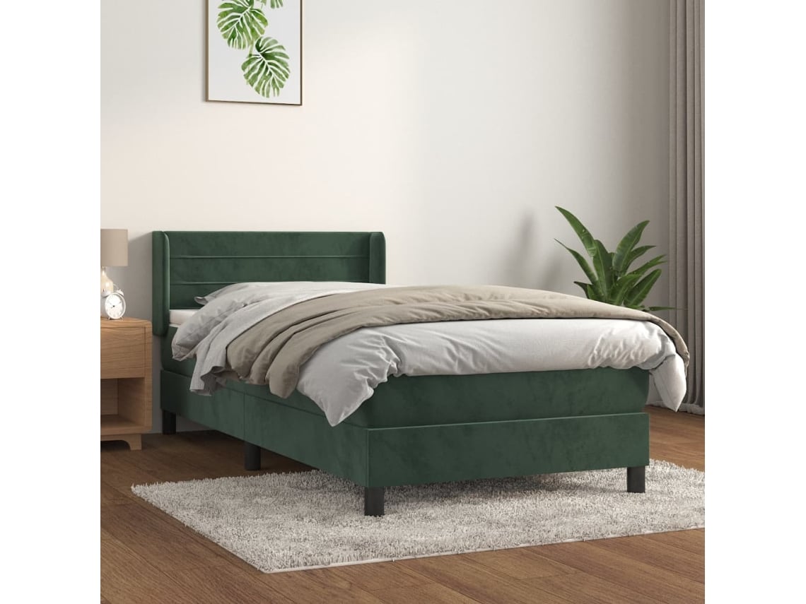 Cama Box Spring Con Colchón Terciopelo Verde Oscuro 90x200 Cm