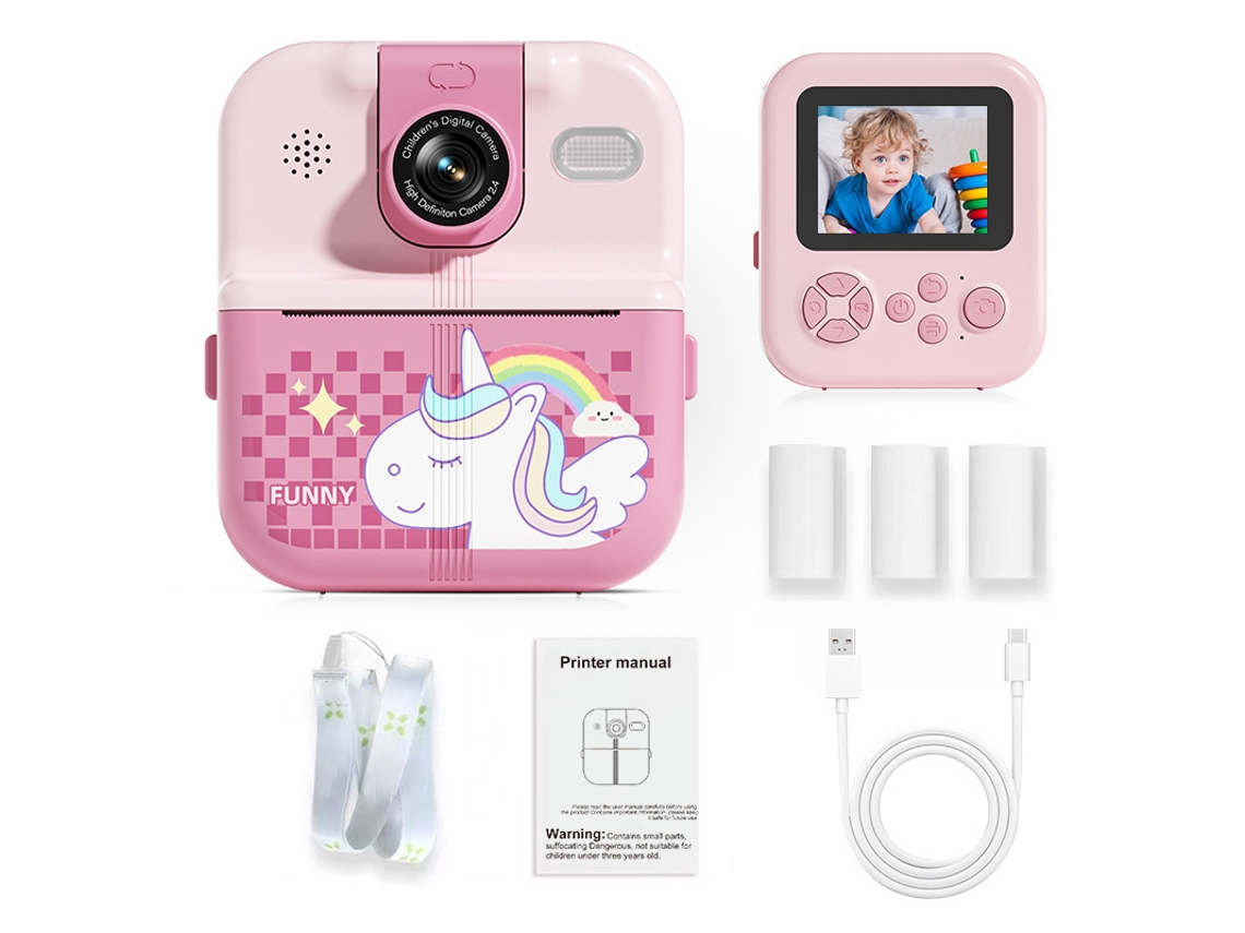 Cámara compacta Chrui 1080p HD con impresión instantánea y 3 rollos de papel fotográfico (rosa)