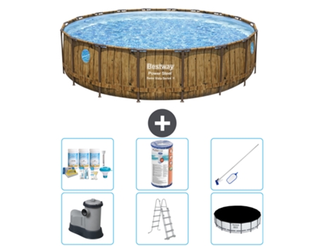 Piscina BESTWAY Round Power Steel Swim Vista - Impresión en madera - 549 x 122 - Incluye bomba - Escalera - Cubierta Accesorios CB32