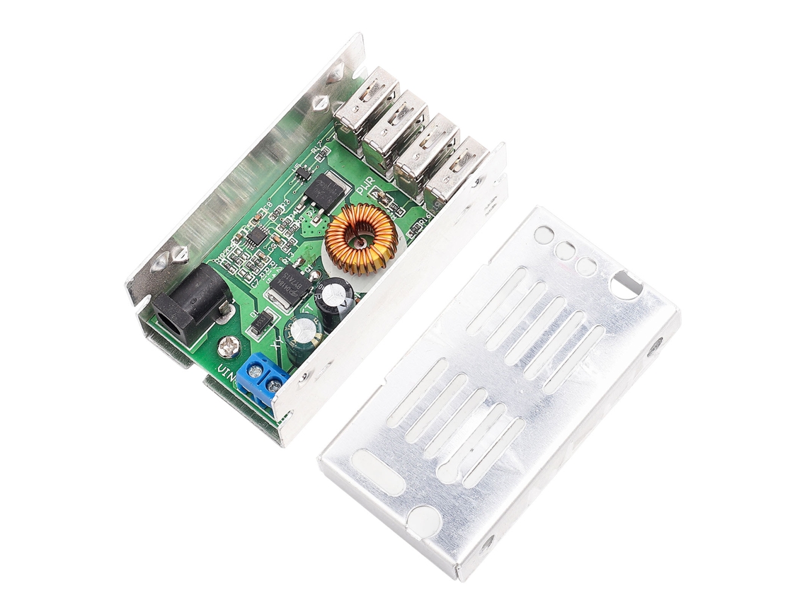 Módulo convertidor reductor de 9V a 36V con 4 puertos USB para cargar teléfonos en el coche.