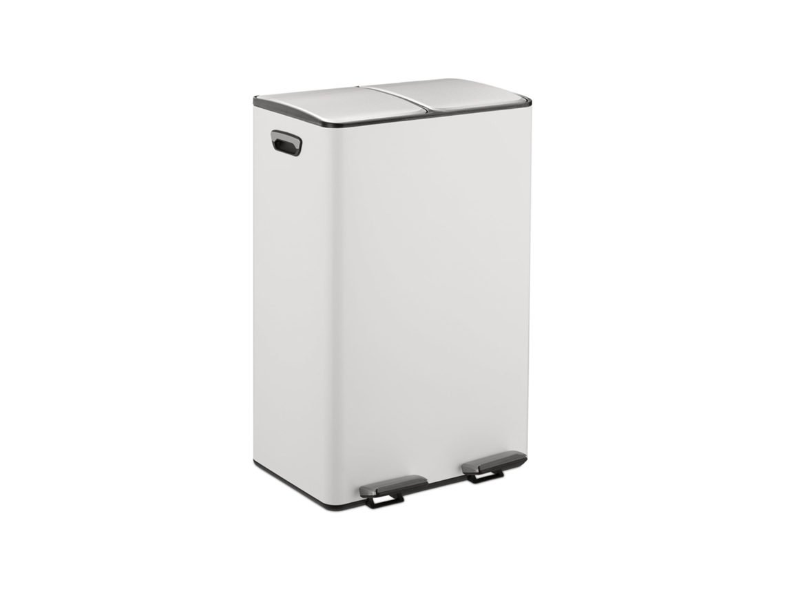 Relaxdays Cubo Basura Doble, 2 Compartimentos 30 Litros C/u, Botes Interiores Extraíbles, Pedal, Cocina, Blanco/plateado