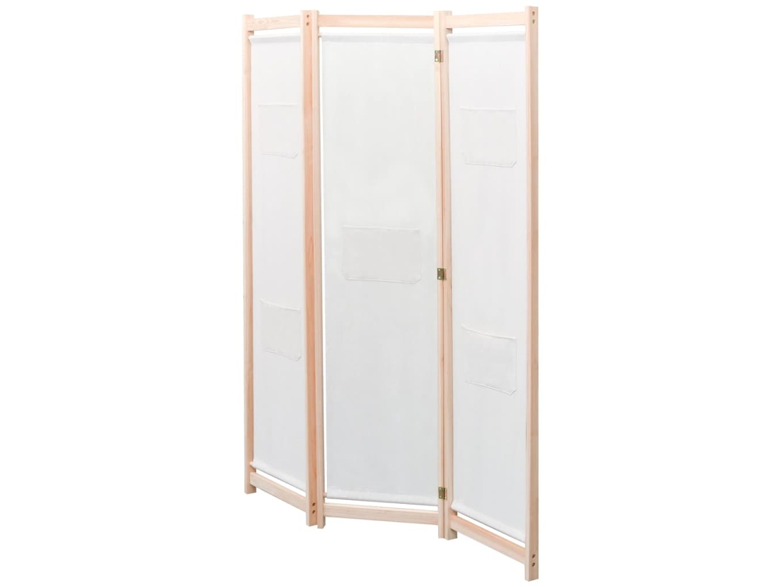 Biombo/separador de ambientes con 3 paneles, 120x170x4 cm, tela color crema.