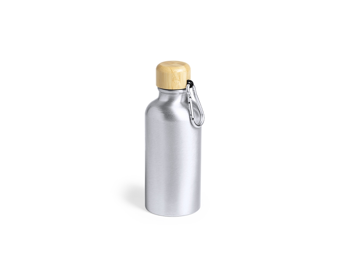 Botella de aluminio de 400 ml con tapa de bambú y mosquetón