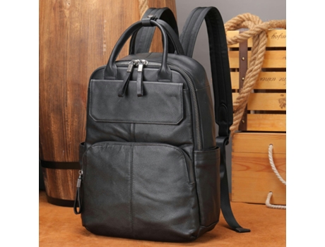 Mochila de cuero genuino para hombres Bolsa para computadora portátil Viaje de fin de semana Senderismo Mochila de hombro-negro