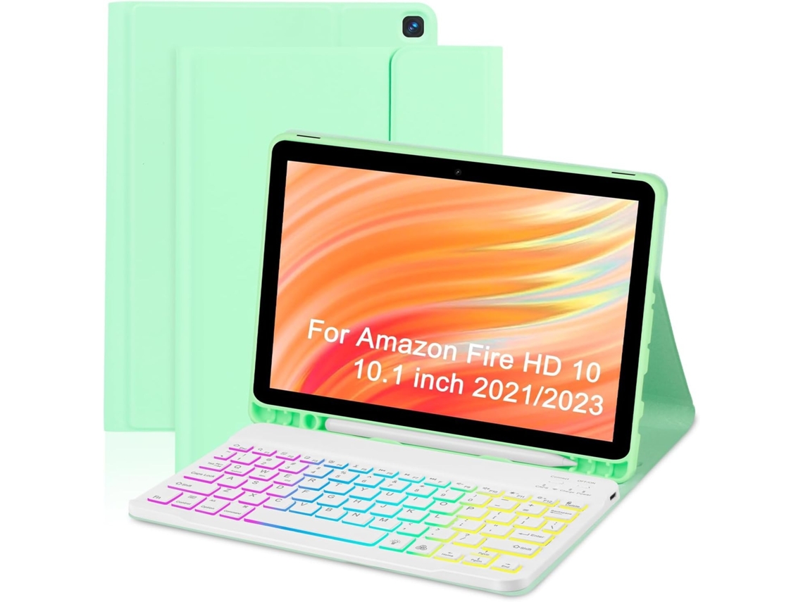 Capa Hexinyigjly Com Teclado 3 Cores Para Amazon Fire Hd 10 2023 – 10,1'' Verde Claro