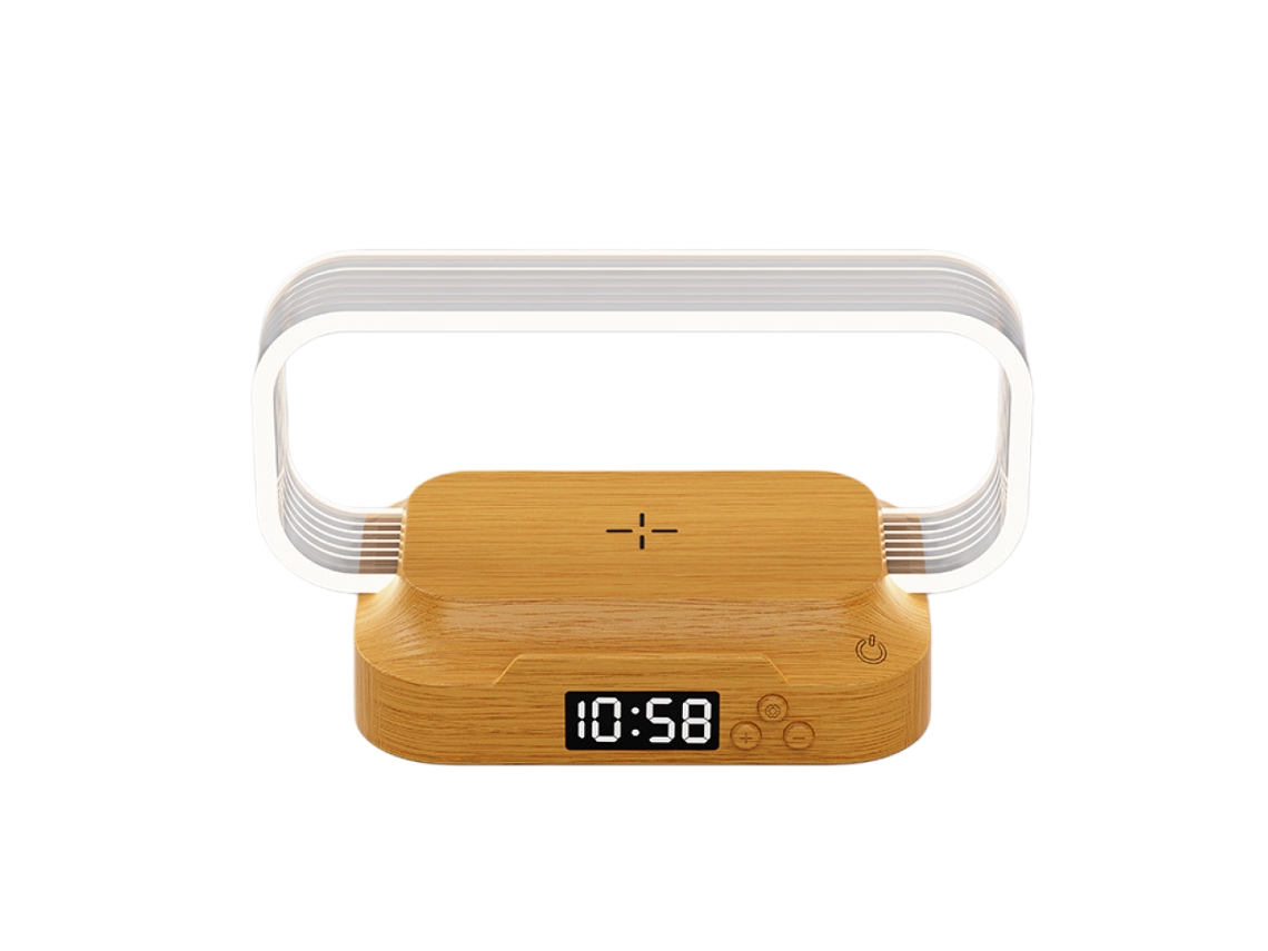 Lámpara de mesilla LED Sstrwgood con cargador inalámbrico, reloj y pantalla táctil ajustable.