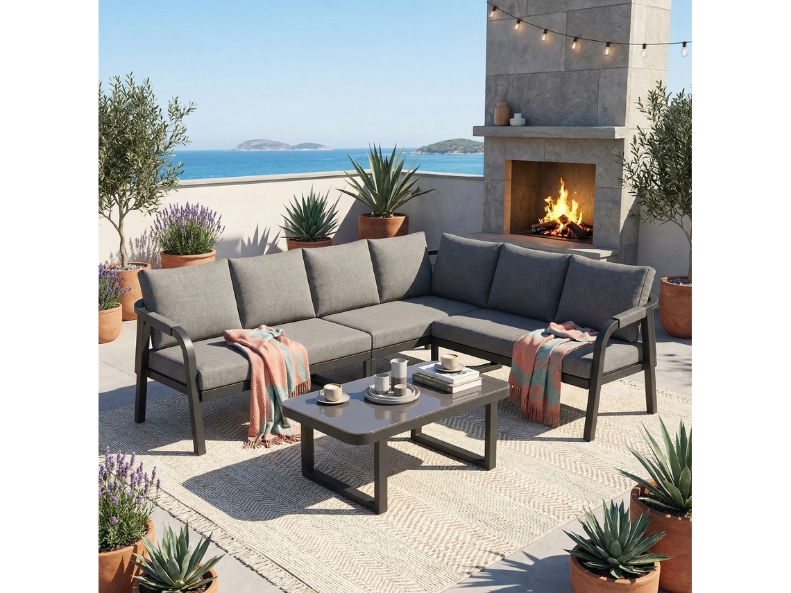 Conjunto de jardín esquinero para 6 personas, color gris.