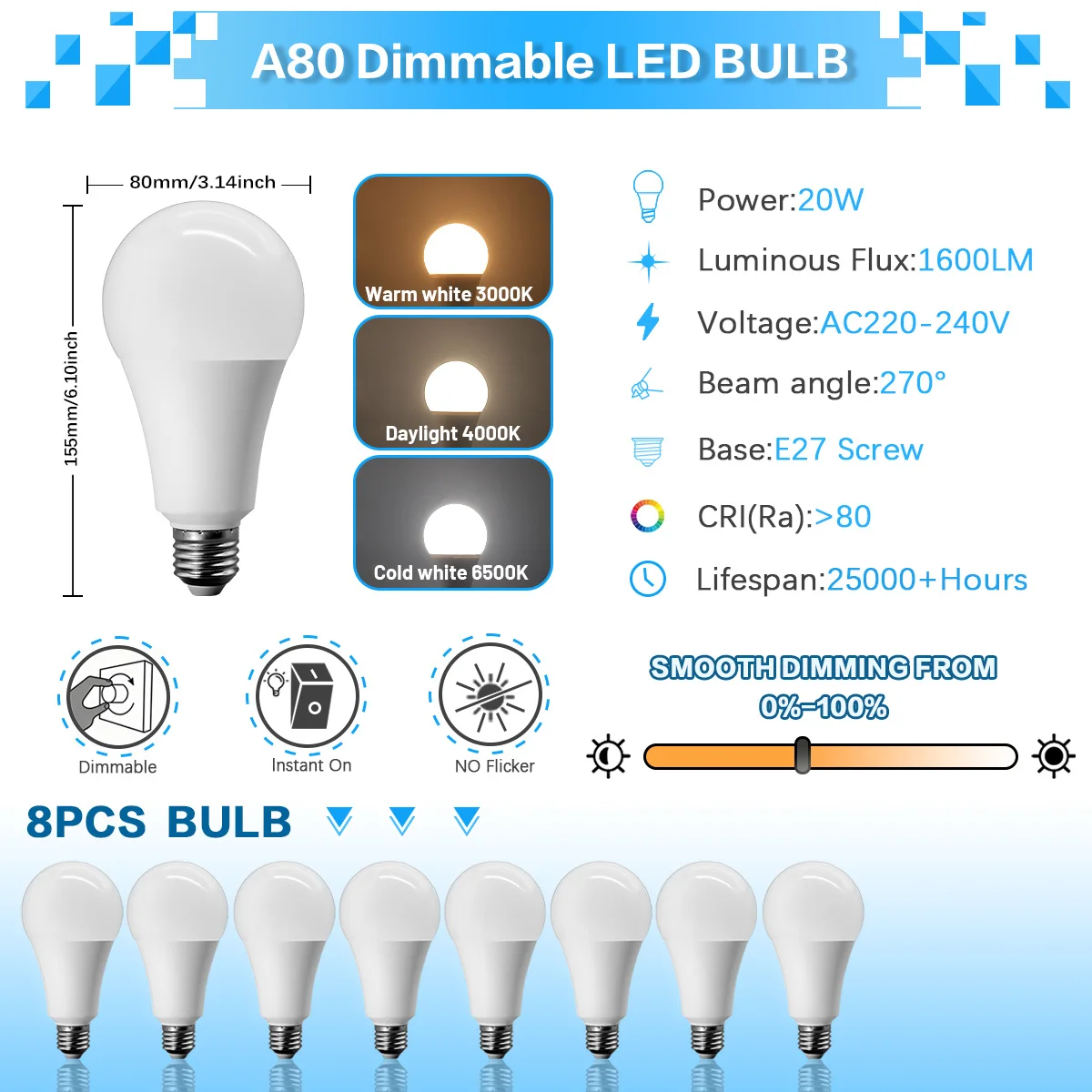 (8 Piezas) Bombilla Dimmable Led Con Índice De Reproducción De Color Ra80 Y 20w De Alto Brillo. Ideal Para Vestíbulo, Restaurante, Etc.