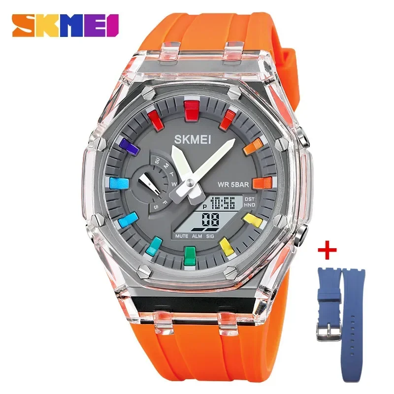Reloj De Pulsera Para Hombre Resistente Al Agua (correa Naranja-azul) Con Temporizador De Cuenta Regresiva, Luz Led Y Movimiento Electrónico.