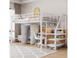 Cama Alta De 140x200, Armario, Estante, Escritorio, Escalera Blanca, Colchón No Incluido.