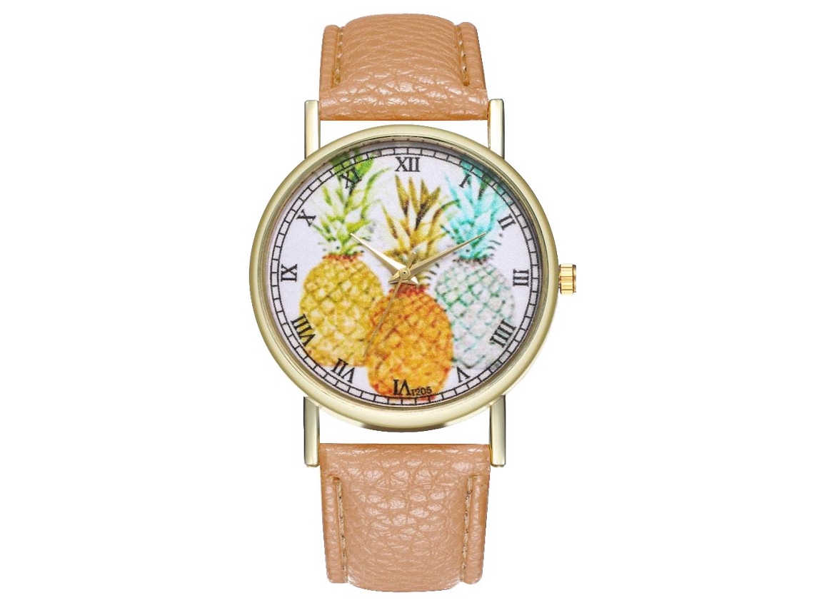 Reloj De Pulsera Unisex De Cuarzo Con Correa De Pu Con Estampado De Piña Y Esfera Redonda Beige.